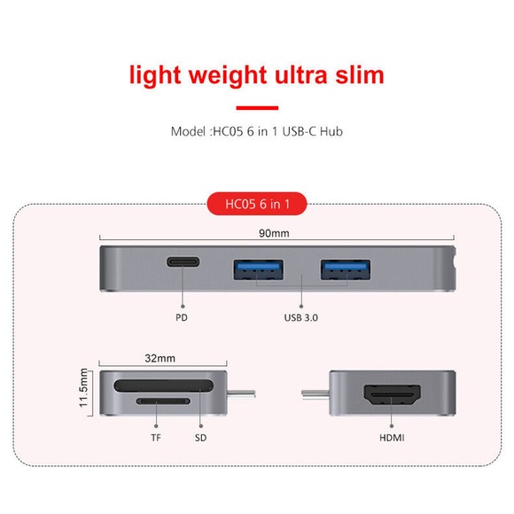 USB Type C 6-in-1 Hub Charging Dock Includes USB 3.0, PD, TF, SD, & HDMI Ports - Picture 3 of 6